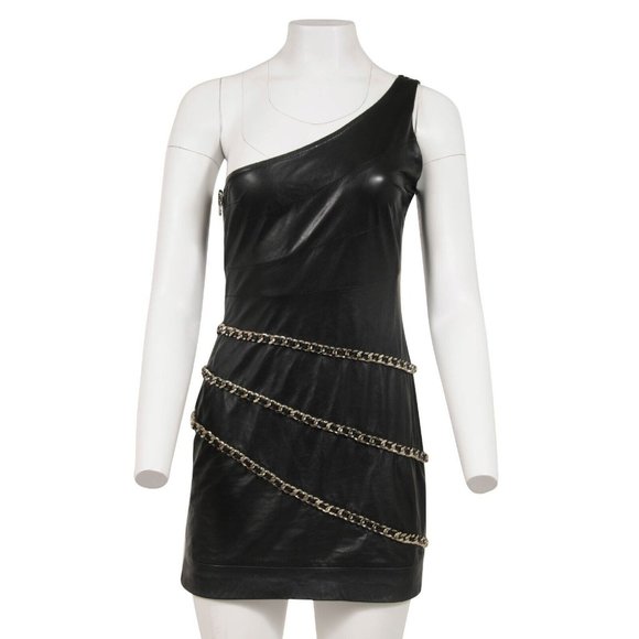 Balmain Womens Mini Dress US8 F40 Black Lamb Leather One Shoulder Wrap Chain y2k - Picture 1 of 12